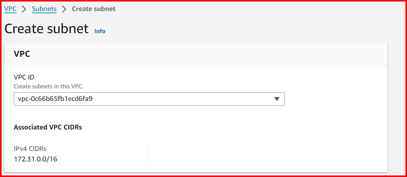 Picture showing the create subnet screen in AWS console